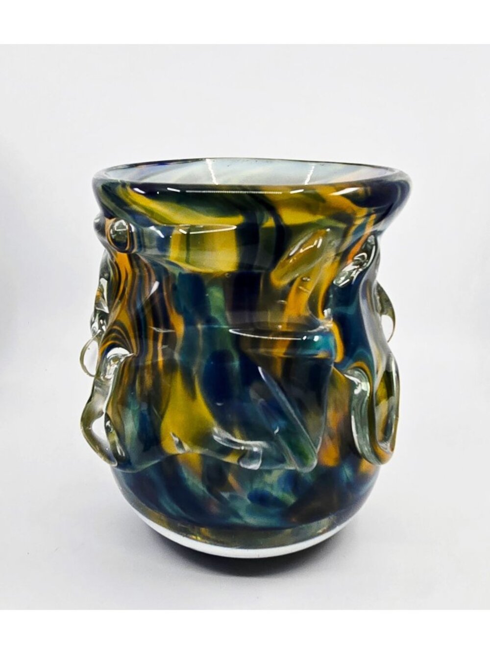 Knobbly Vase hand blown, Greens blues Yellow, Heavy. Signed, Excellent Condition